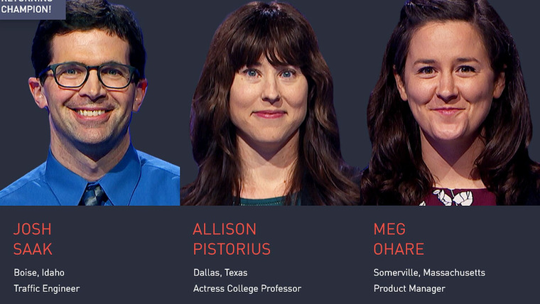 Jeopardy! — s2020e211 — Josh Saak Vs. Allison Pistorius Vs. Meg Ohare, show # 8381.