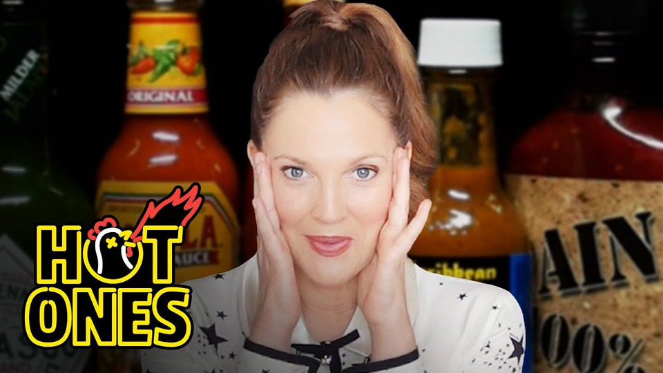 s12e09 — Drew Barrymore Has a Hard Time Processing While Eating Hot Wings