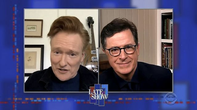s2020e46 — Stephen Colbert from home, with Conan O'Brien, Michael Stipe